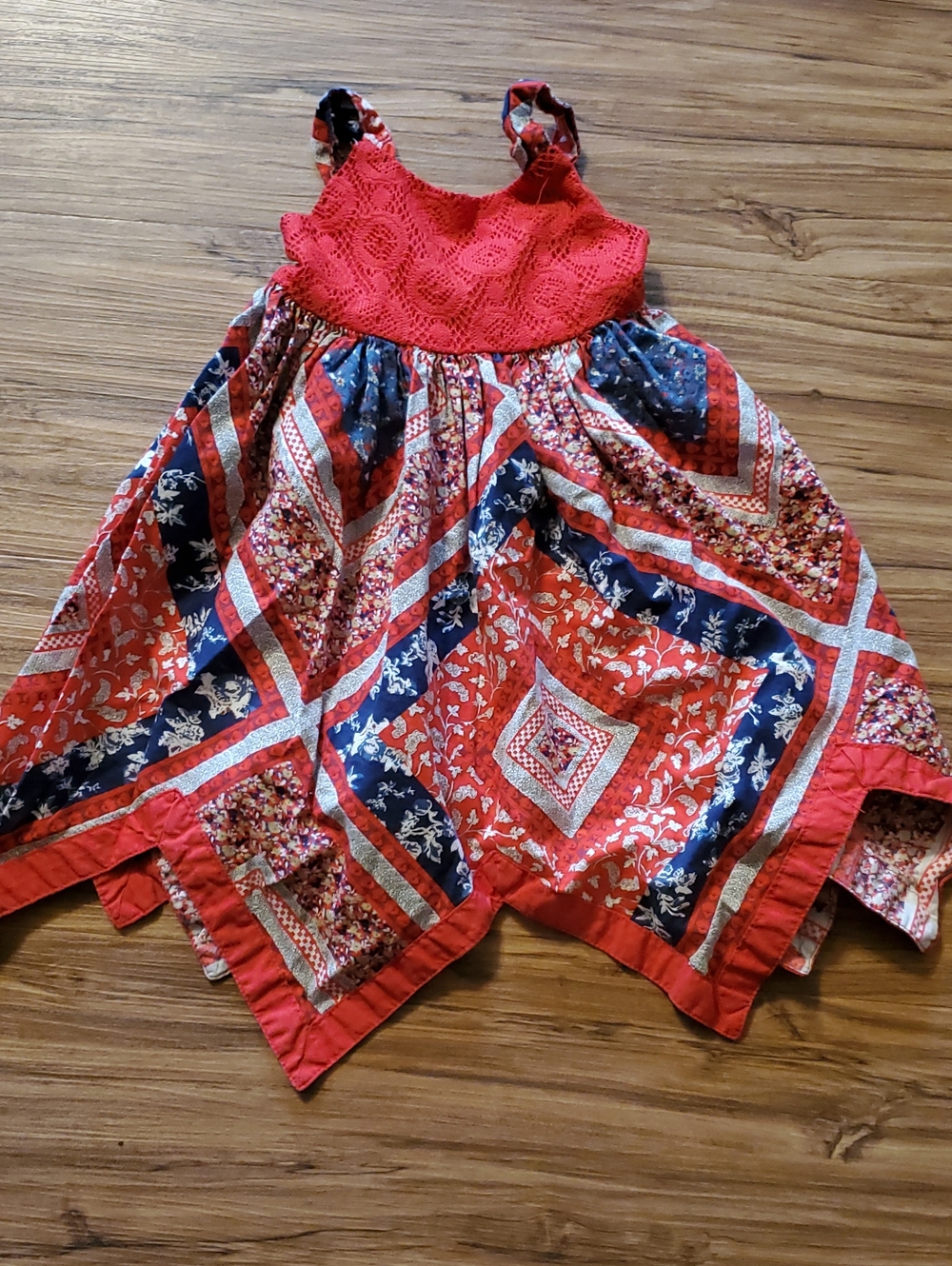 Red and Navy Patchwork Handkerchief Hem Sundress